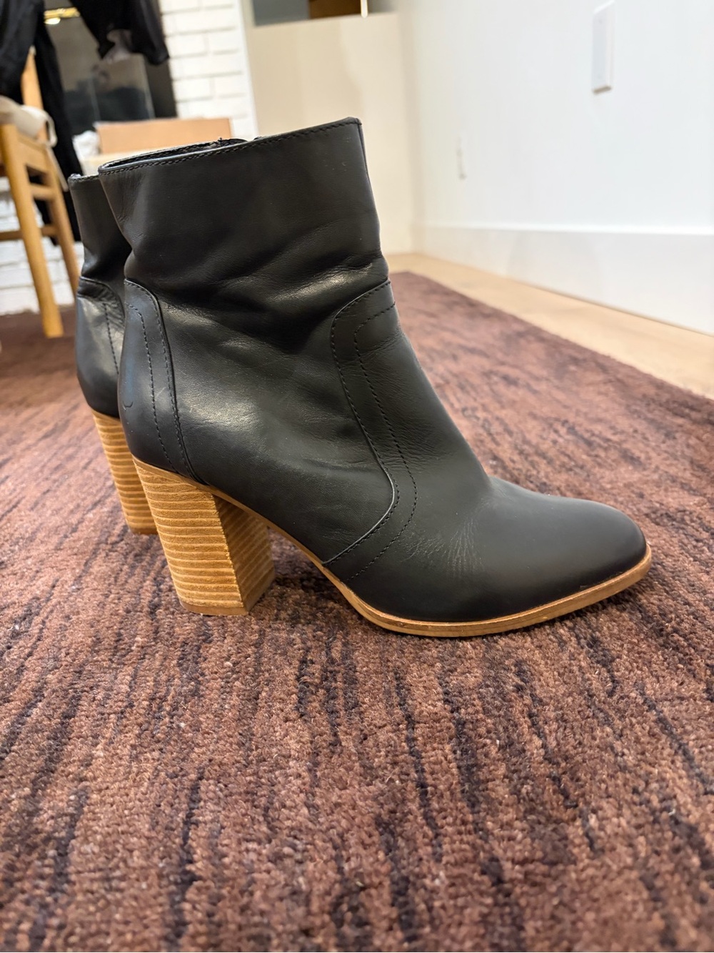 Black Leather Ankle Boots with Stacked Wood Heel